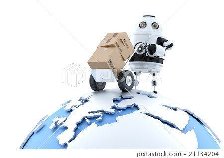 Robot with parcel. Global delivery service 21134204