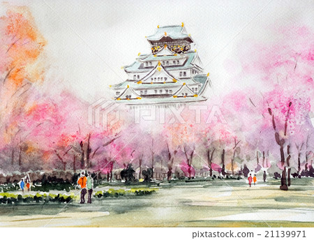 Sketch of Osaka Castle and Sakura Osaka Castle Osaka Tourist Castle Spring cherry Osaka Castle Park 21139971