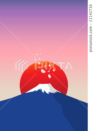 Fuji mountain with falling sakura and red sun Fuji mountain with falling sakura and red sun 21142716