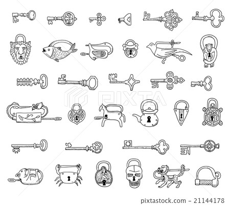 Set of vintage locks and keys in vector. Doodles. - Stock Illustration ...