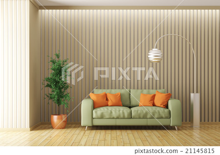 Modern interior of living room with sofa 3d render - Stock Illustration ...