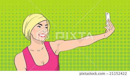Blonde Woman Taking Selfie Photo On Smart Phone Blonde Woman Taking Selfie Photo On Smart Phone 21152422