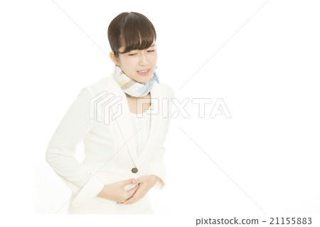 Illness female abdominal pain Stomach suppression white back white suit scarf 21155883