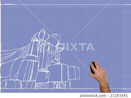 man's hand draws a design of factory man's hand draws a design of factory 21163841