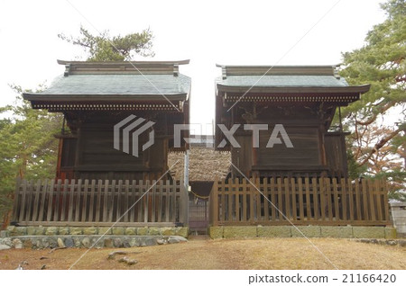 Shinshu Matsumoto的文化遺產在江戶後面橫向的Chika-ku寺神社的主要神社松本高原神社邊界建造的兩個主要的大廳 21166420