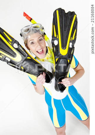 portrait of woman wearing neoprene with flippers portrait of woman wearing neoprene with flippers 21168084