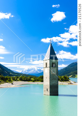 tower of sunken church in Resia lake, Tyrol, Italy tower of sunken church in Resia lake, Tyrol, Italy 21170526