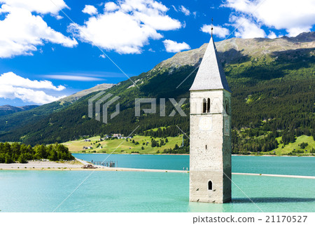 tower of sunken church in Resia lake, Tyrol, Italy 21170527