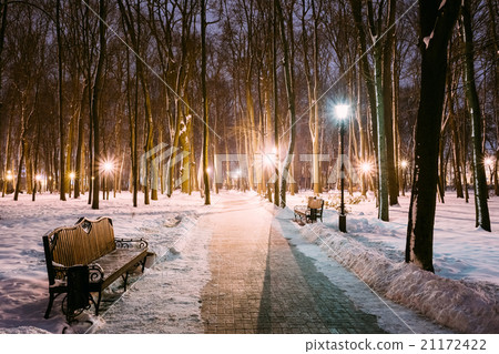 Two Path, Way in Snowy city park in light of 21172422