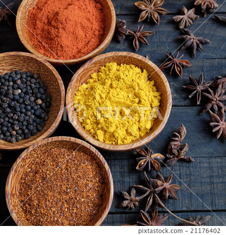 Colorful spice powder, chilli, pepper, turmeric 21176402