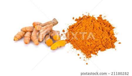 turmeric roots turmeric powder on white background turmeric roots turmeric powder on white background 21180282