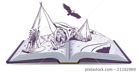 Open book. Indians sit at wigwam on pages of open Open book. Indians sit at wigwam on pages of open 21182069