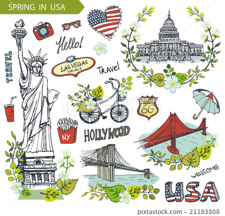 Spring in USA.Famous landmarks,floral decor set 21183808