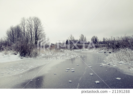 frozen creek in winter forest landscape frozen creek in winter forest landscape 21191288