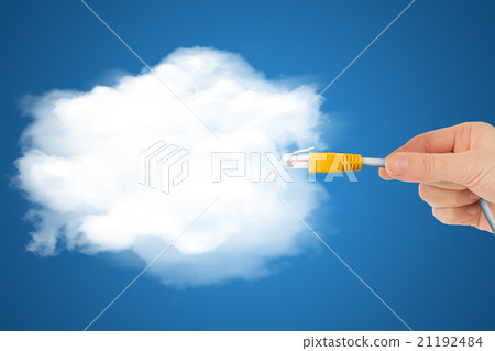 Hand holding computer cabel with cloud 21192484
