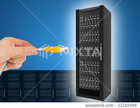 Hand holding computer cabel with iron box 21192498