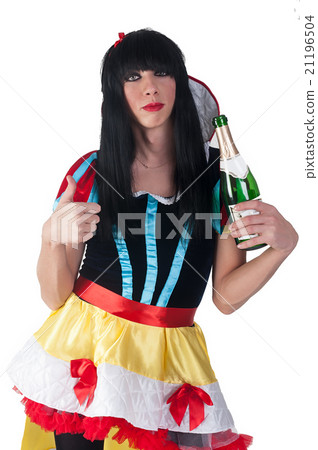 Transvestite as Sleeping Beauty with wine bottle 21196504