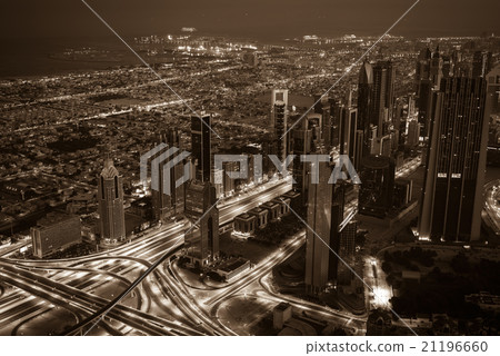 Dubai downtown night scene with city lights. Top  21196660