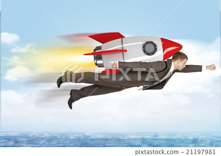 Businessman flying with rocket Businessman flying with rocket 21197981