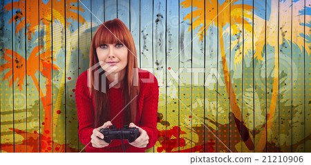 Composite image of smiling hipster woman playing video games 21210906