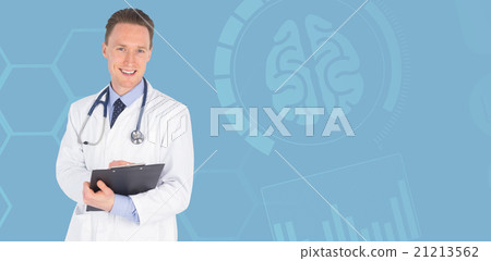 Composite image of portrait of smiling male doctor writing on cl Composite image of portrait of smiling male doctor writing on cl 21213562