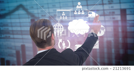 Composite image of rear view of businessman pointing with his fi Composite image of rear view of businessman pointing with his fi 21213691