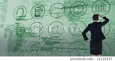 Composite image of young businesswoman standing and thinking 21214237