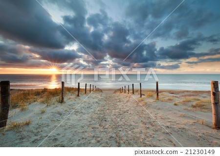 romantic path to sand beach at sunset 21230149