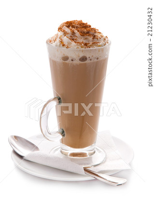 Glass cup of hot coffee with cream and cinnamon 21230432