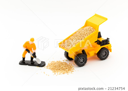 Dump truck and workers to lift baggage: dump truck unloading & worker 21234754