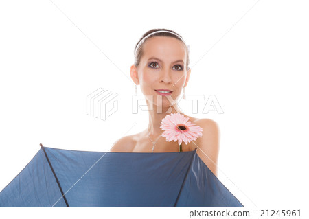 Pretty bride woman holding umbrella and flower. 21245961