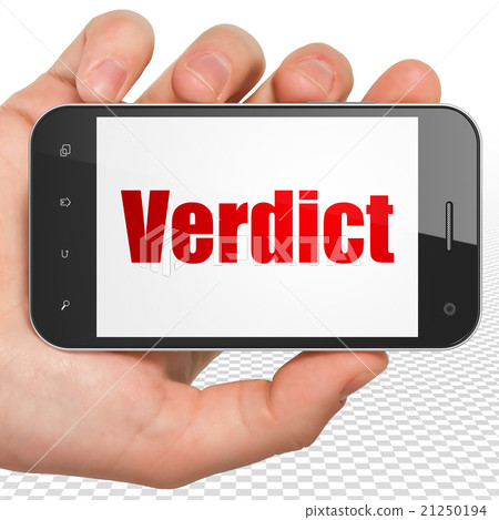 Law concept: Hand Holding Smartphone with Verdict 21250194