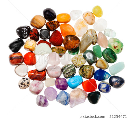 top view many polished natural mineral gemstones 21254471