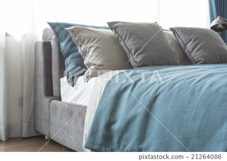 modern bedroom with blue color theme 21264086