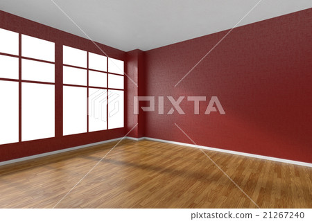 Empty room with parquet floor, red wall and window Empty room with parquet floor, red wall and window 21267240