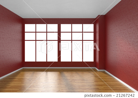 Empty room with parquet floor, red wall and window Empty room with parquet floor, red wall and window 21267242
