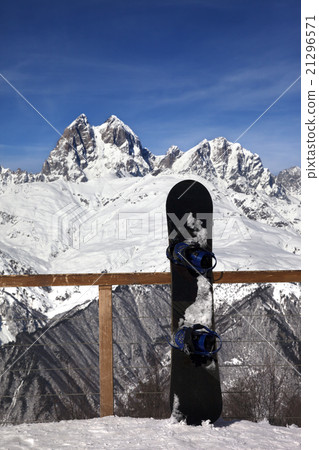 Snowboards in outdoor cafe at ski resort 21296571