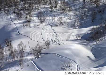 Off-piste slope with track from ski and snowboard  21296579