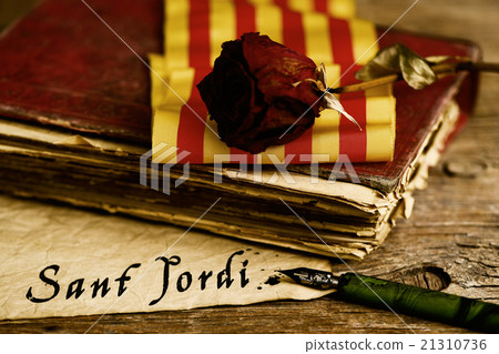 book, rose, catalan flag and text Sant Jordi 21310736