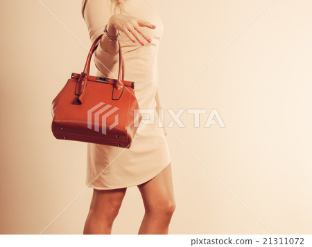 elegant woman holds brown handbag elegant woman holds brown handbag 21311072