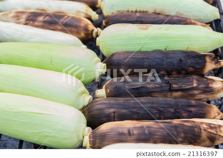 Grilled sweet corn on the charcoal stove. 21316397