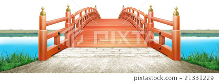 Horizontal Japanese style bridge river side wooden vermillion white background CG Horizontal Japanese style bridge river side wooden vermillion white background CG 21331229