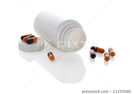 few pills with white jar and bottle few pills with white jar and bottle 21335080