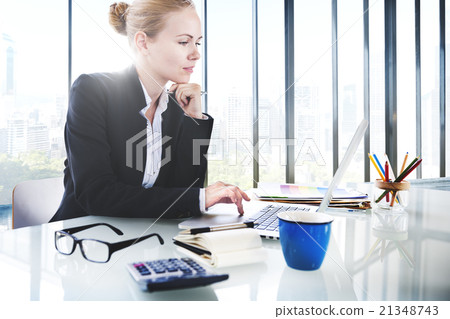 Businesswoman Working Laptop Technology Connection Concept Businesswoman Working Laptop Technology Connection Concept 21348743