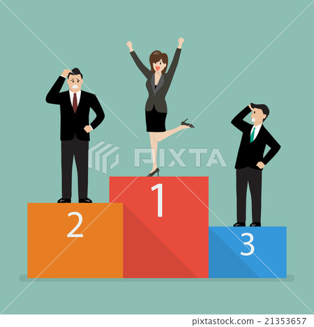 Business woman celebrates on winning podium  21353657