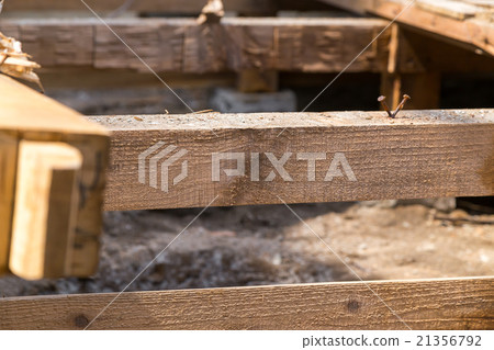 Floorboard foundation laying house demolition trader semi-destructive building to destroy houses dismantling work wood waste material disrupting Japanese architecture 21356792
