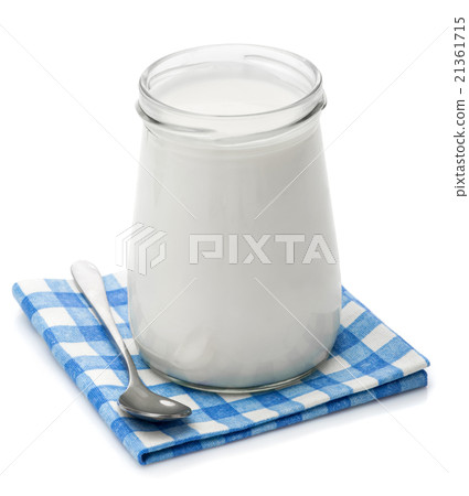 Yoghurt, cream, sour cream in glass jar and spoon 21361715