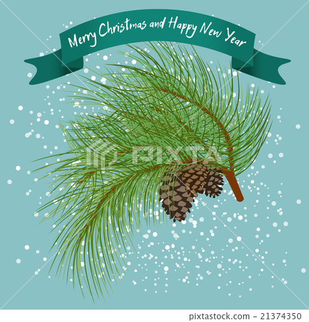 Green fur-tree branch with cones under snow 21374350