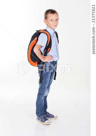 Serious school boy with bag on white background 21375821
