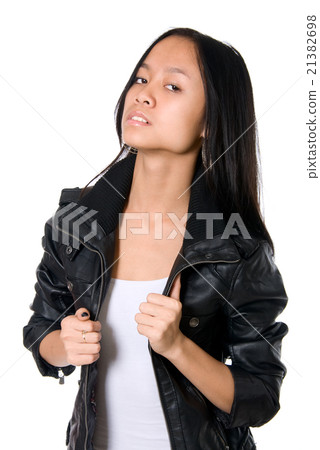 Portrait of Asian girl in a leather jacket Portrait of Asian girl in a leather jacket 21382698
